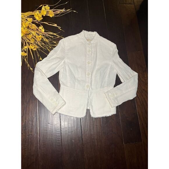 Micheal Kor 100% linen cream frayed trim button up jacket/blazer sz 0 - Picture 1 of 9